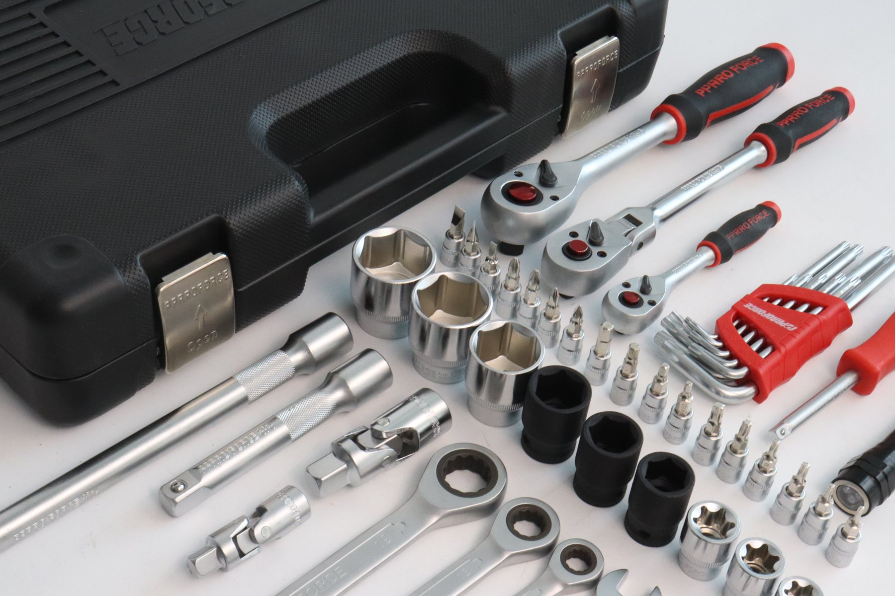 PPRROFORCE socket, ratchet and accessory range laid out around a tool case