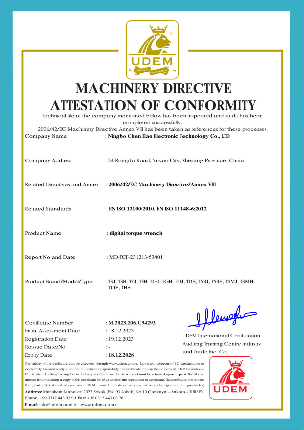 2006/42/EC Machinery Directive certificate covering digital torque wrenches