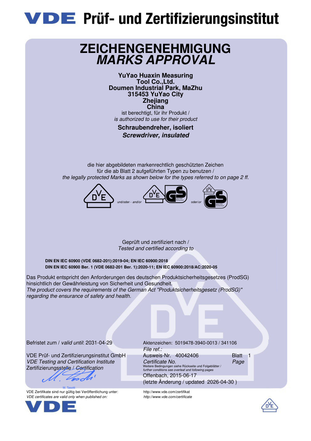 VDE Marks Approval certificate covering insulated hand tools